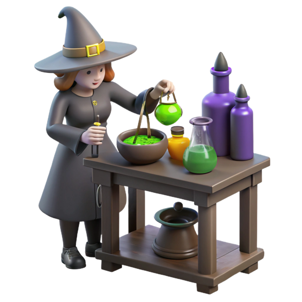 Witch Brewing Potion 3D Render of Halloween Fantasy png