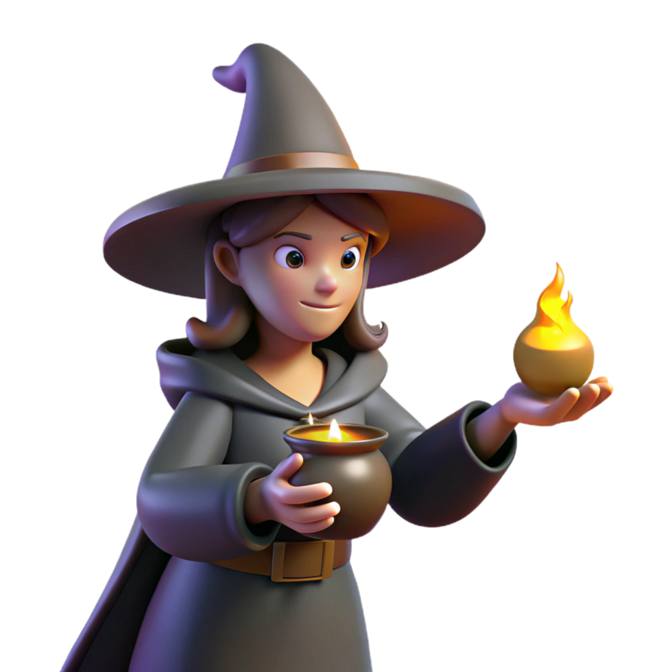3D Render of a Witch with a Cauldron and Flame png