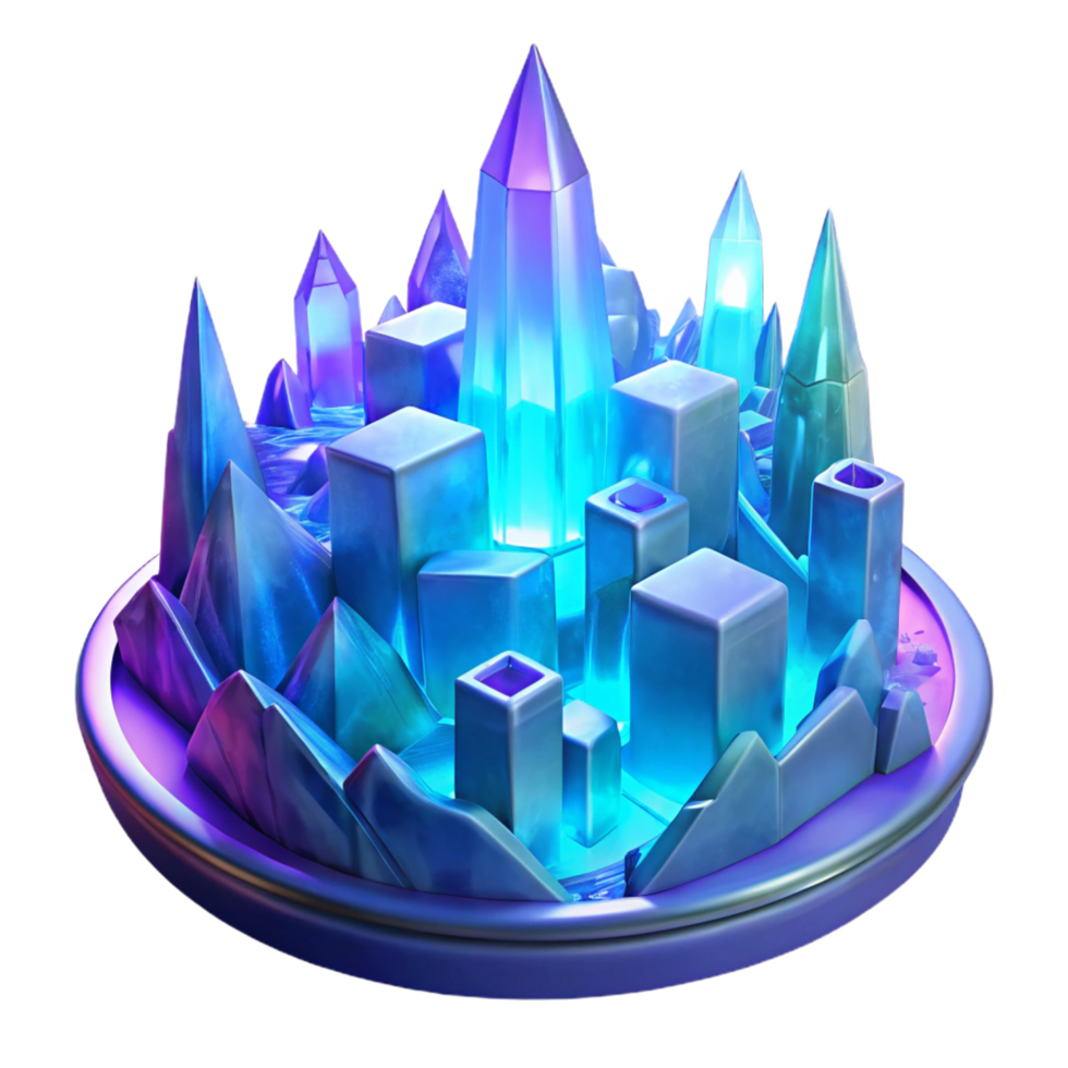 Crystalline Cityscape A 3D Render of Glowing Crystals and Geometric Structures png