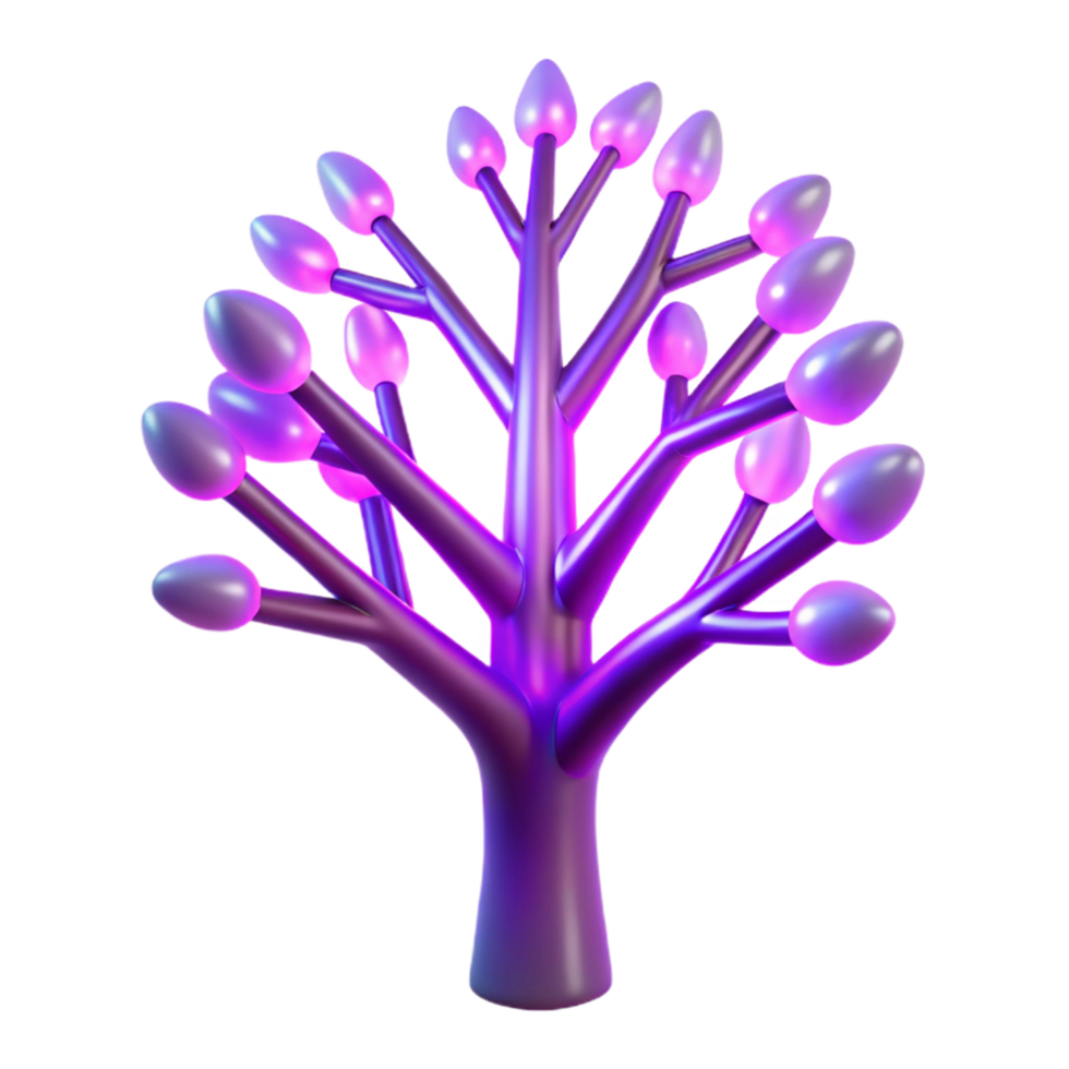 Abstract Purple Glowing Tree 3D Render of Illuminated Branches and Bulbs png