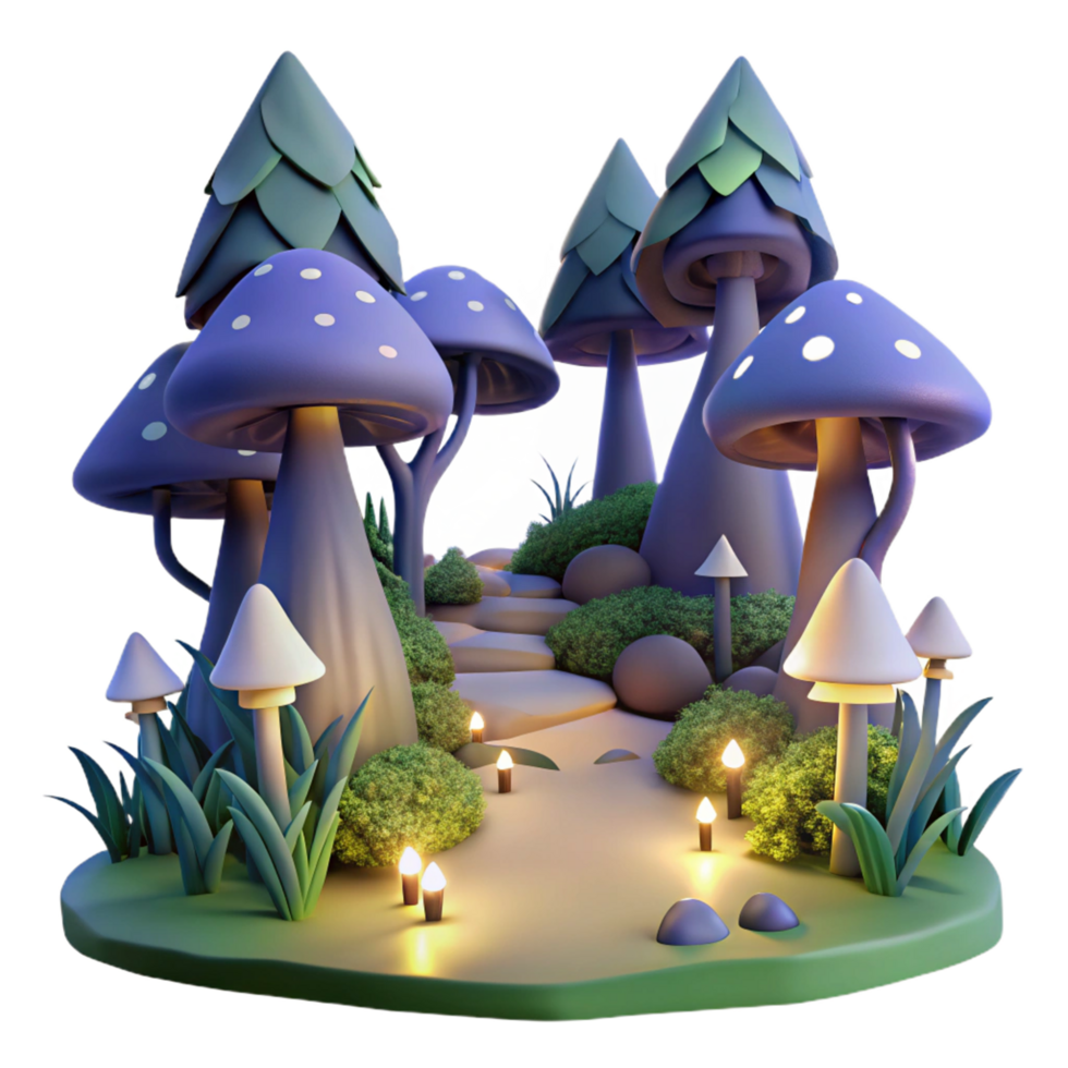 Enchanted Mushroom Forest Path 3D Render of Magical Night Scene png