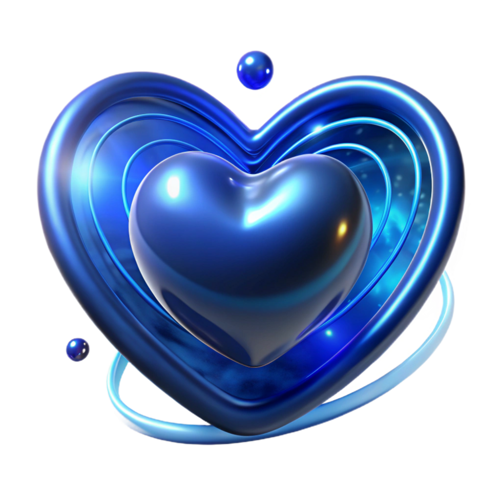 Abstract Blue Heart with Orbiting Spheres 3D Render png