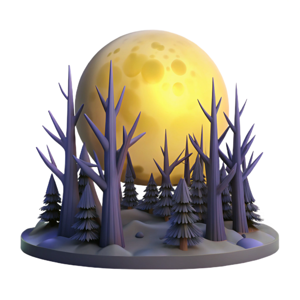 Enchanted Forest Under a Full Moon 3D Render png