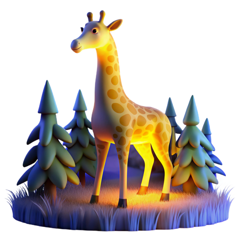 Glowing Giraffe in a Forest at Night 3D Render png
