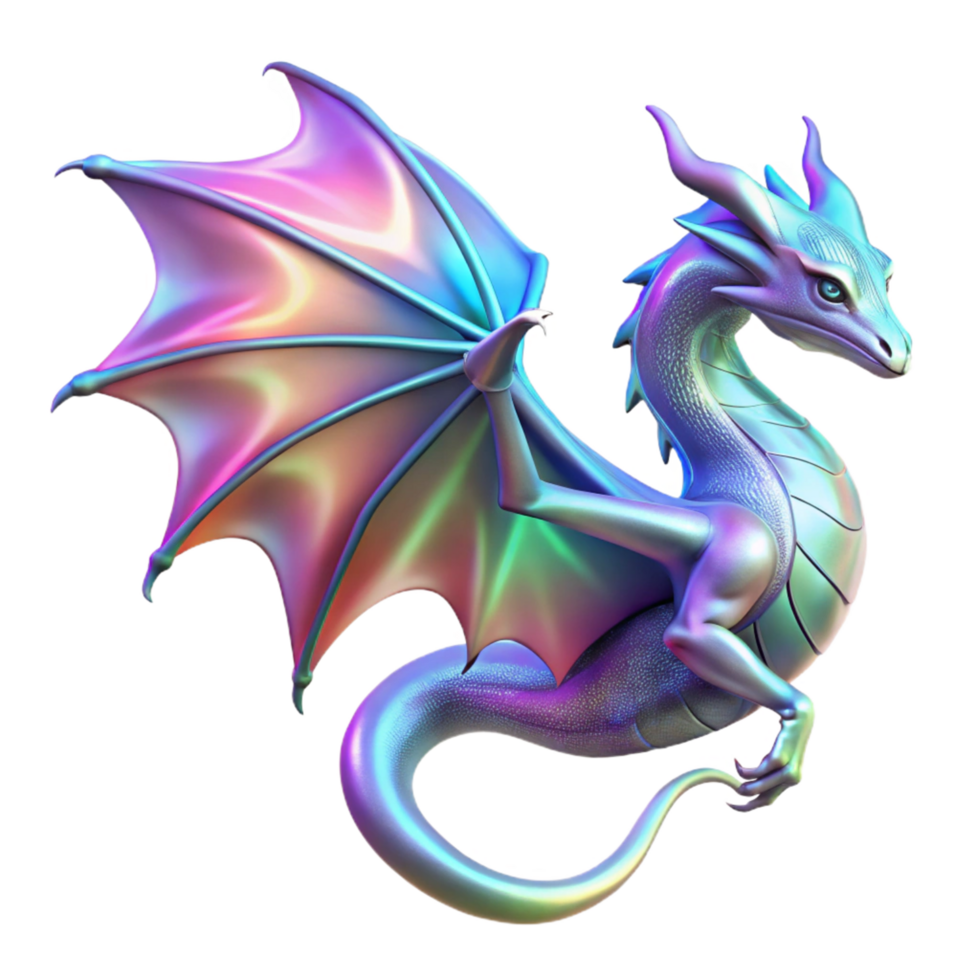 Iridescent Dragon Fantasy Art, 3D Render, Mythical Creature, Wings, Scales, Horned, Colorful, Purple, Blue, Pink png