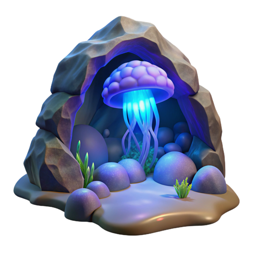 Luminous Jellyfish in a Grotto 3D Render of Underwater Scene png