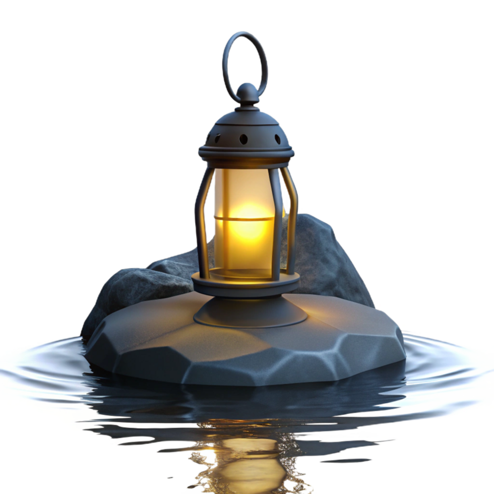 Illuminated Lantern on a Rock in Water 3D Render png