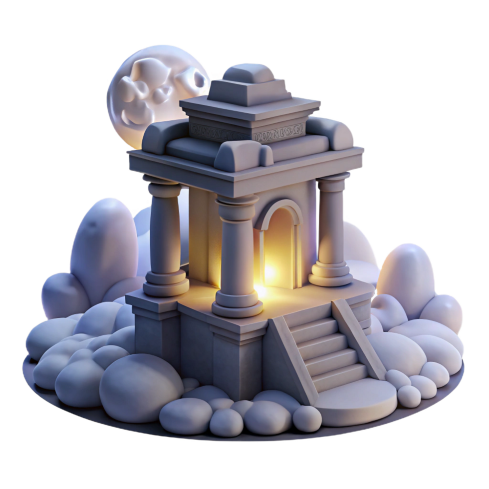Glowing Temple 3D Model Stone Structure, Night Scene, Illuminated Entrance, Cloud Base, Steps png