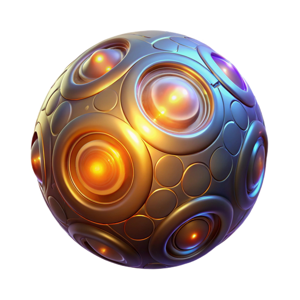 Abstract Metallic Sphere with Illuminated Lenses 3D Render png