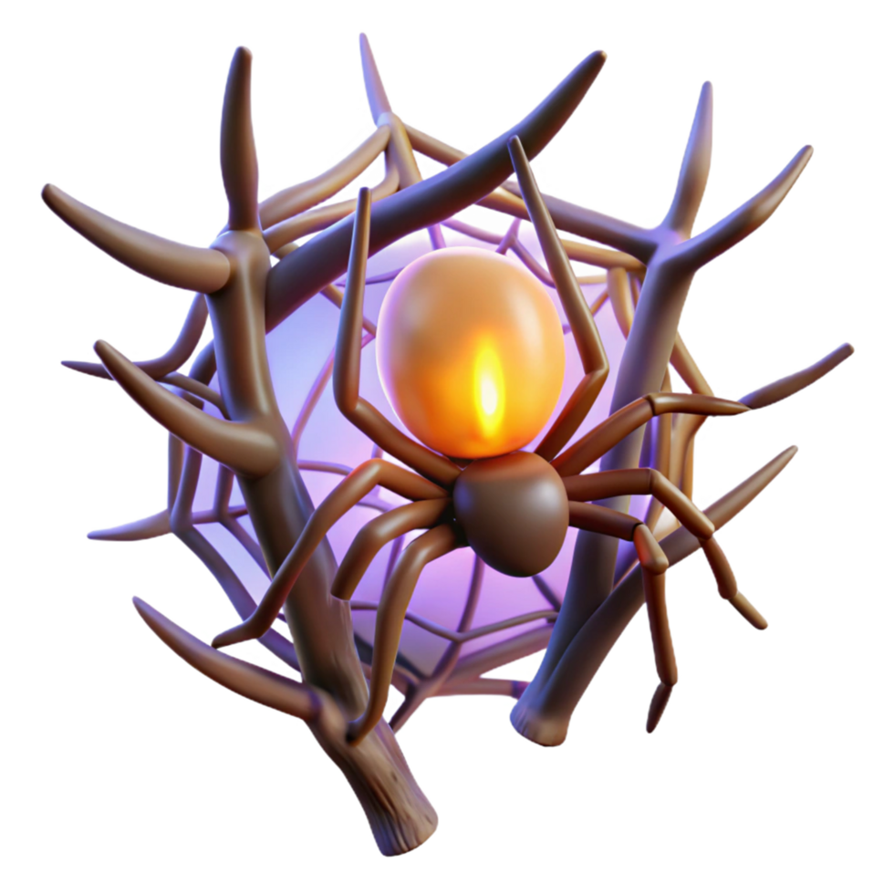 Glowing Orb Spider in Intricate Web 3D Render png