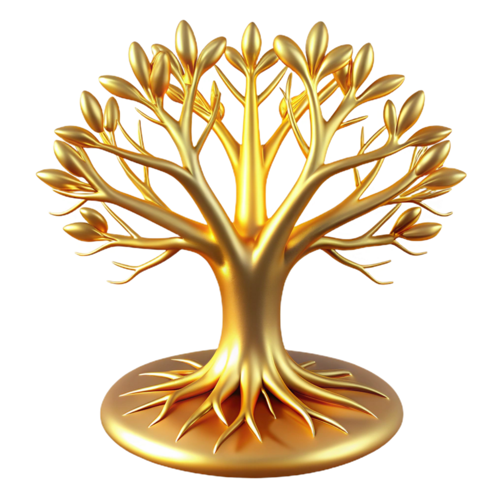Golden Tree of Life 3D Render of Abstract Tree Sculpture png