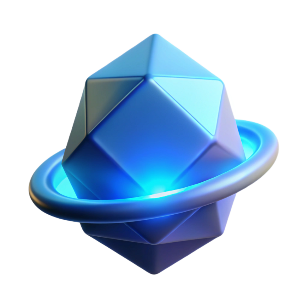 Glowing Blue Geometric Orb with Ring Abstract 3D Render png
