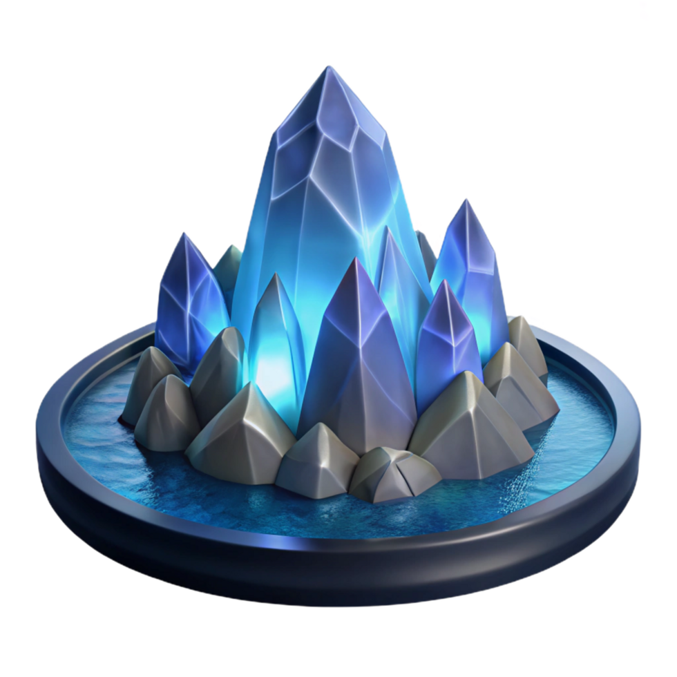Luminous Crystal Peak in Water Basin 3D Render png