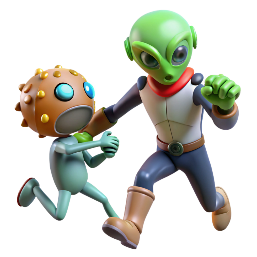 Alien Adventure 3D Render of Two Running Robots png