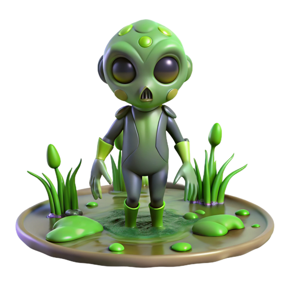 Cartoon Alien in a Swamp 3D Render of a Cute, Green Extraterrestrial png