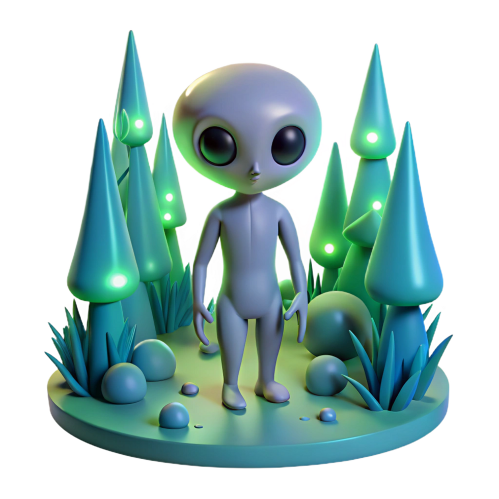 Alien in Glowing Mushroom Forest 3D Render png