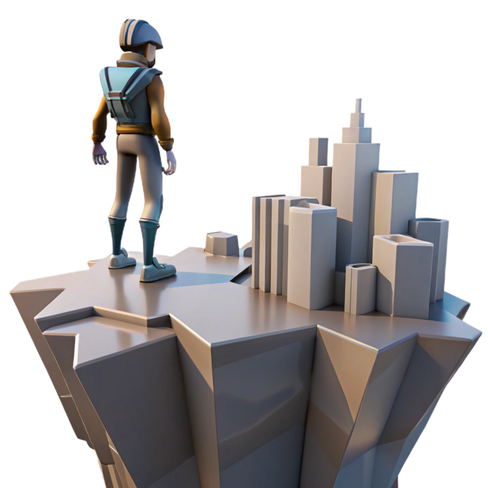 Explorer Contemplating Futuristic Cityscape from Clifftop png
