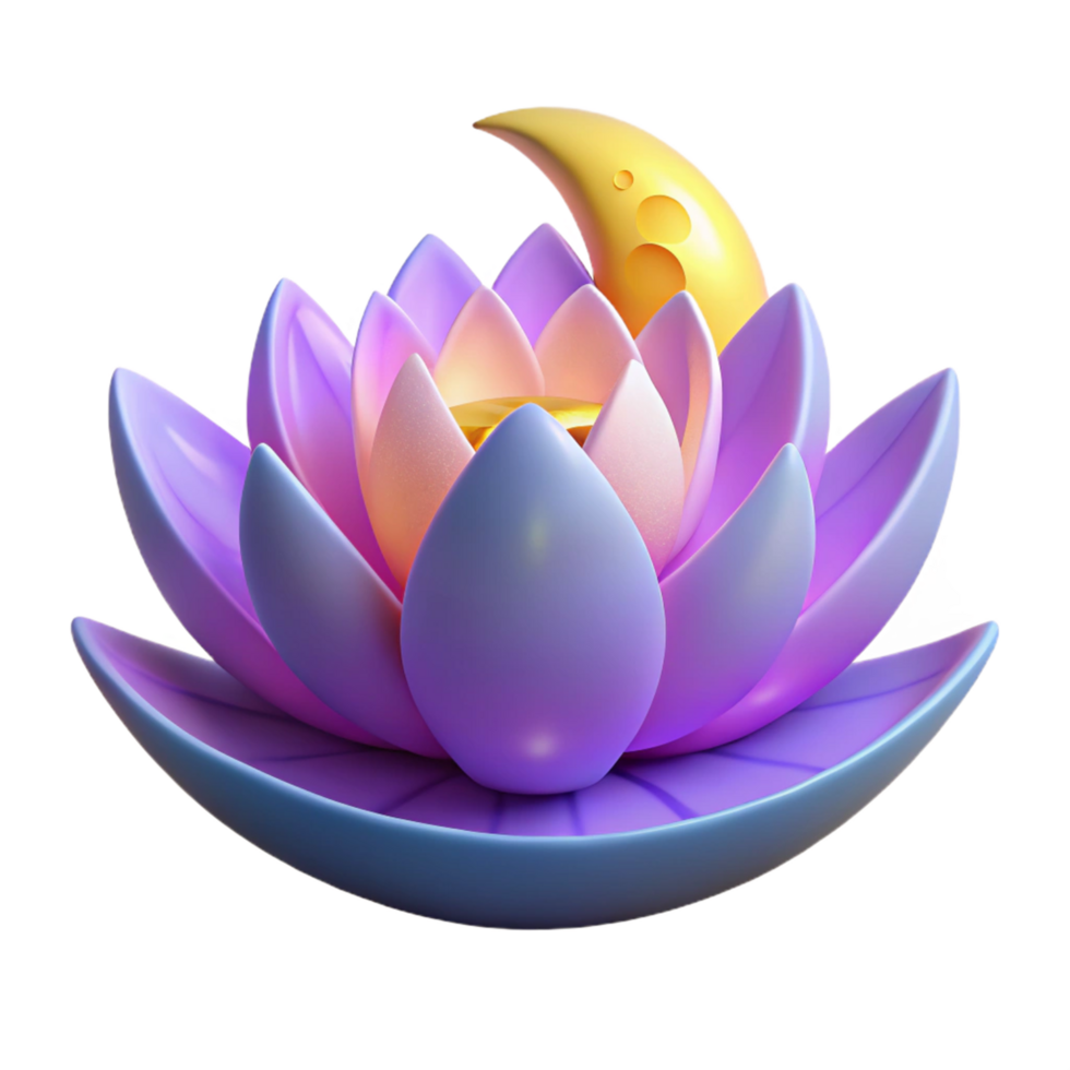 Serene Lotus Moon 3D Render of a Purple Flower and Crescent Moon png