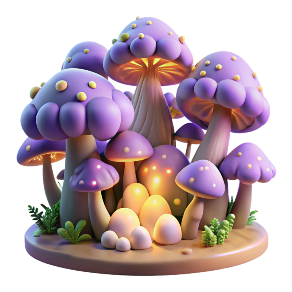 Enchanted Glowing Mushroom Forest Scene 3D Render png