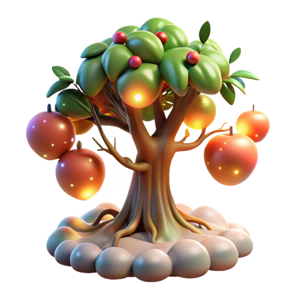 Glowing Fruit Tree 3D Render of Fantasy Tree with Luminous Apples png