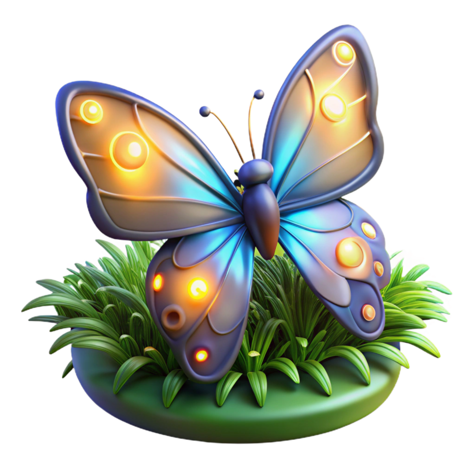 Luminous Butterfly in Grass 3D Render of Illuminated Insect png