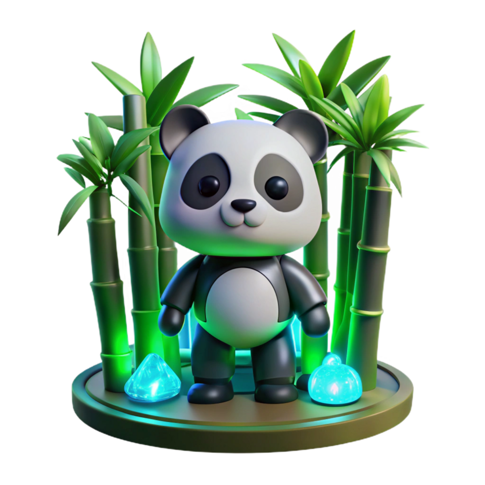 Adorable Panda 3D Render Bamboo Forest Scene with Glowing Crystals png
