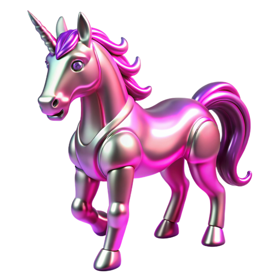 Metallic Pink Unicorn 3D Render of a Shiny, Robotic Horse with a Horn png