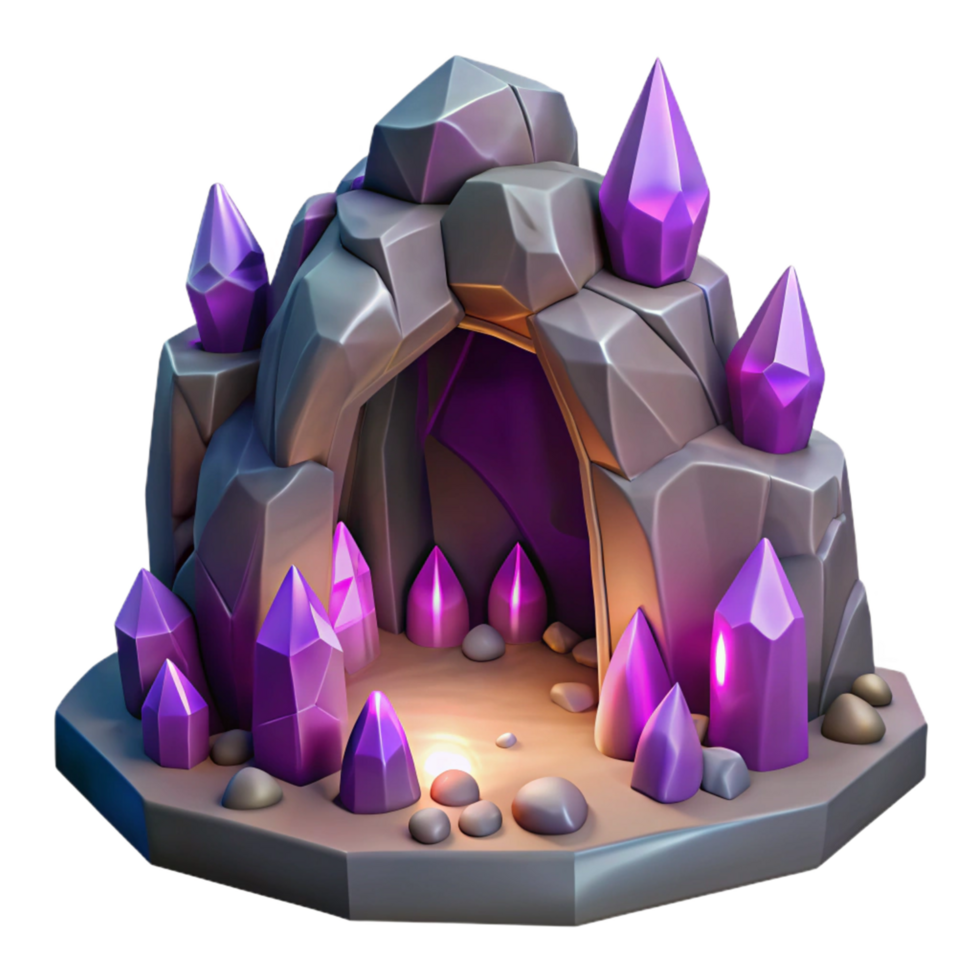 Mysterious Crystal Cave 3D Render of Magical Rock Formation with Glowing Gems png