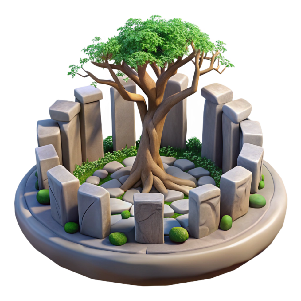 Ancient Tree in Stone Circle 3D Render of Mystical Garden png