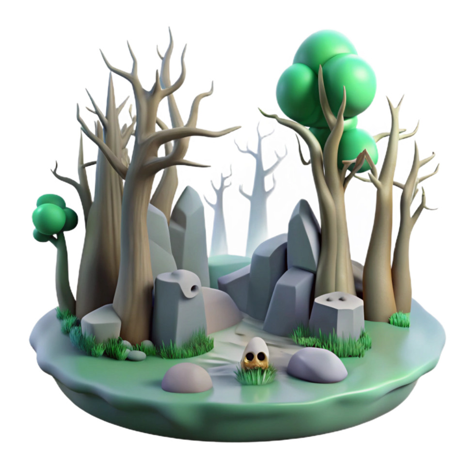 Enchanted Grove 3D Render of Mystical Forest Scene with Rocks and Skull png