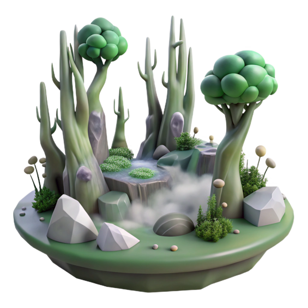 Enchanted Grove 3D Render of Fantasy Landscape with Trees, Rocks, and Waterfall png