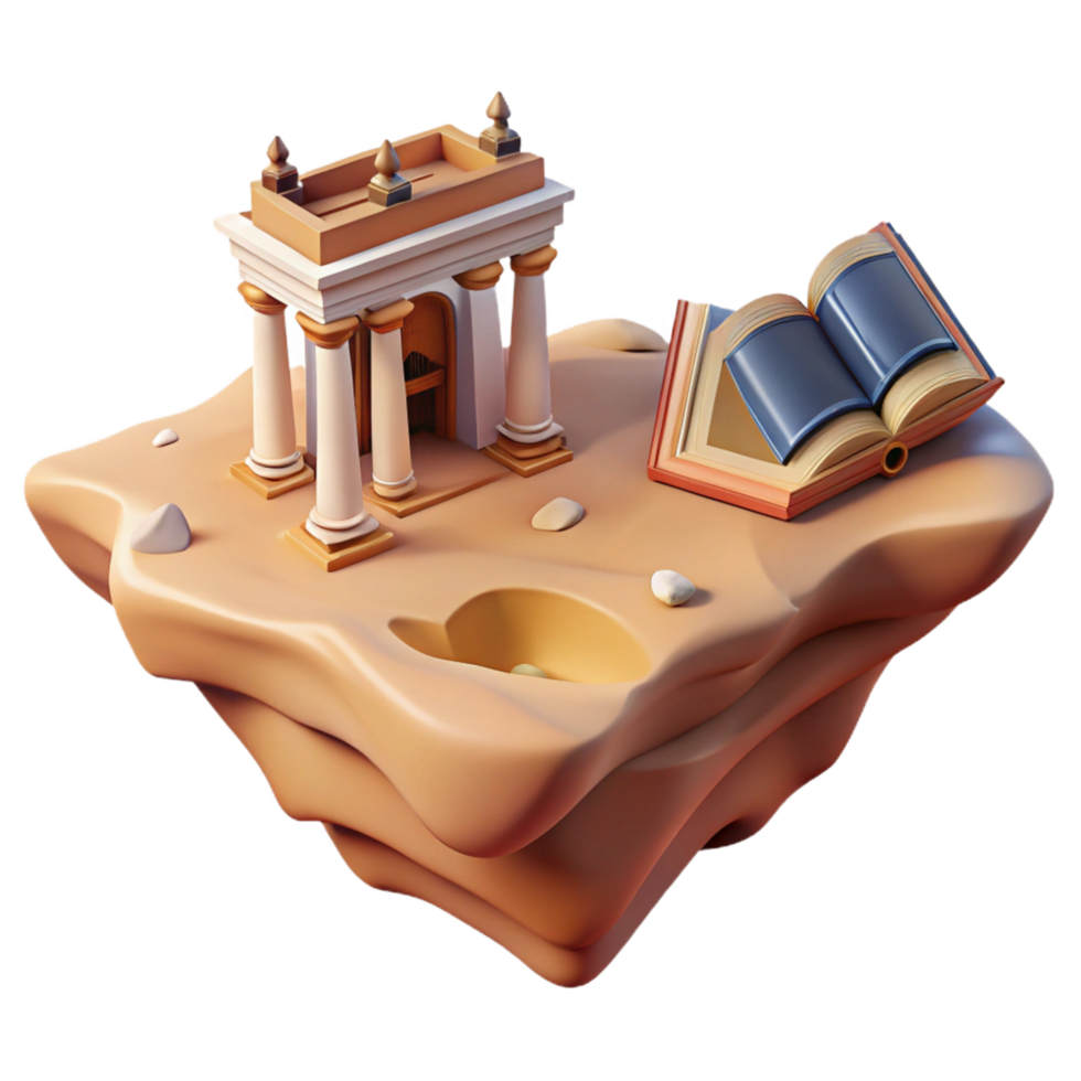 Ancient Temple, Open Book, and Island Landscape A 3D Render png