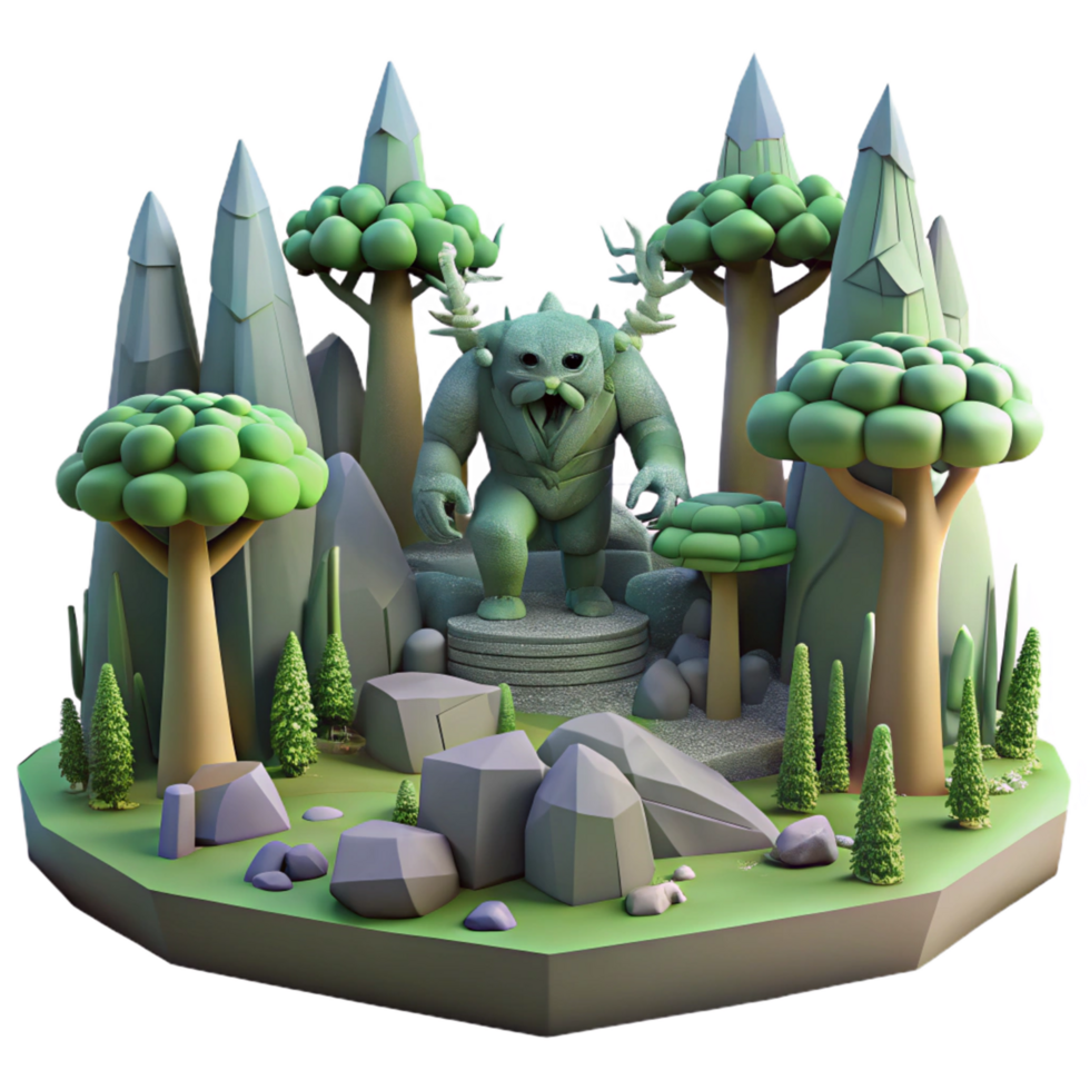 Stylized 3D Forest Monster Scene Low Poly Creature in Mountainous Environment png