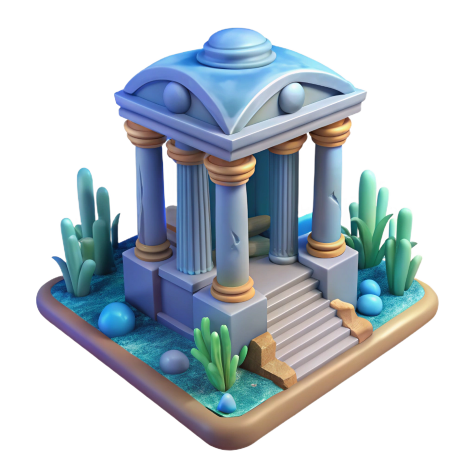 3D Render of an Ancient Temple with Columns and Lush Greenery png