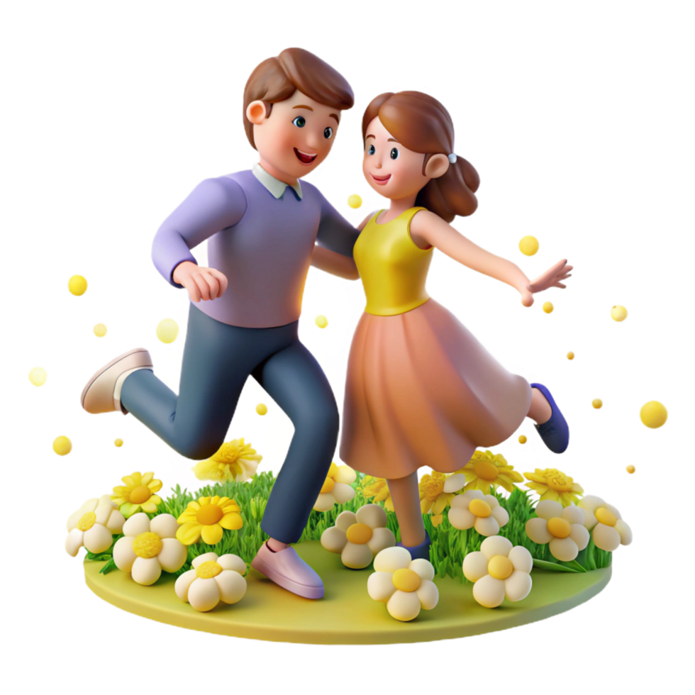 Joyful Couple Dancing in a Flower Garden 3D Animation png