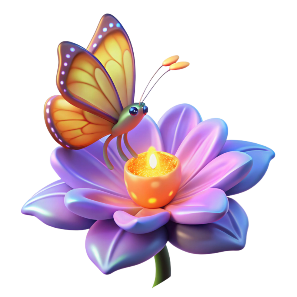 Butterfly and Flower with Candle A 3D Render of Serene Nature png