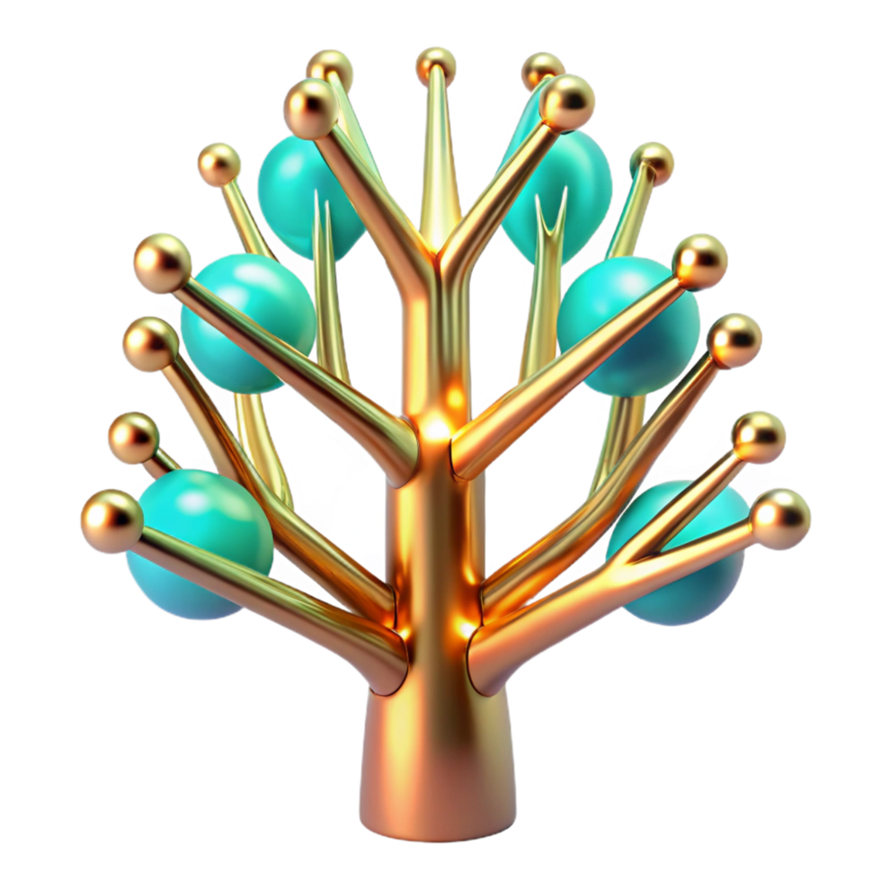 Abstract Gold and Teal Tree Structure 3D Render of a Geometric Tree png