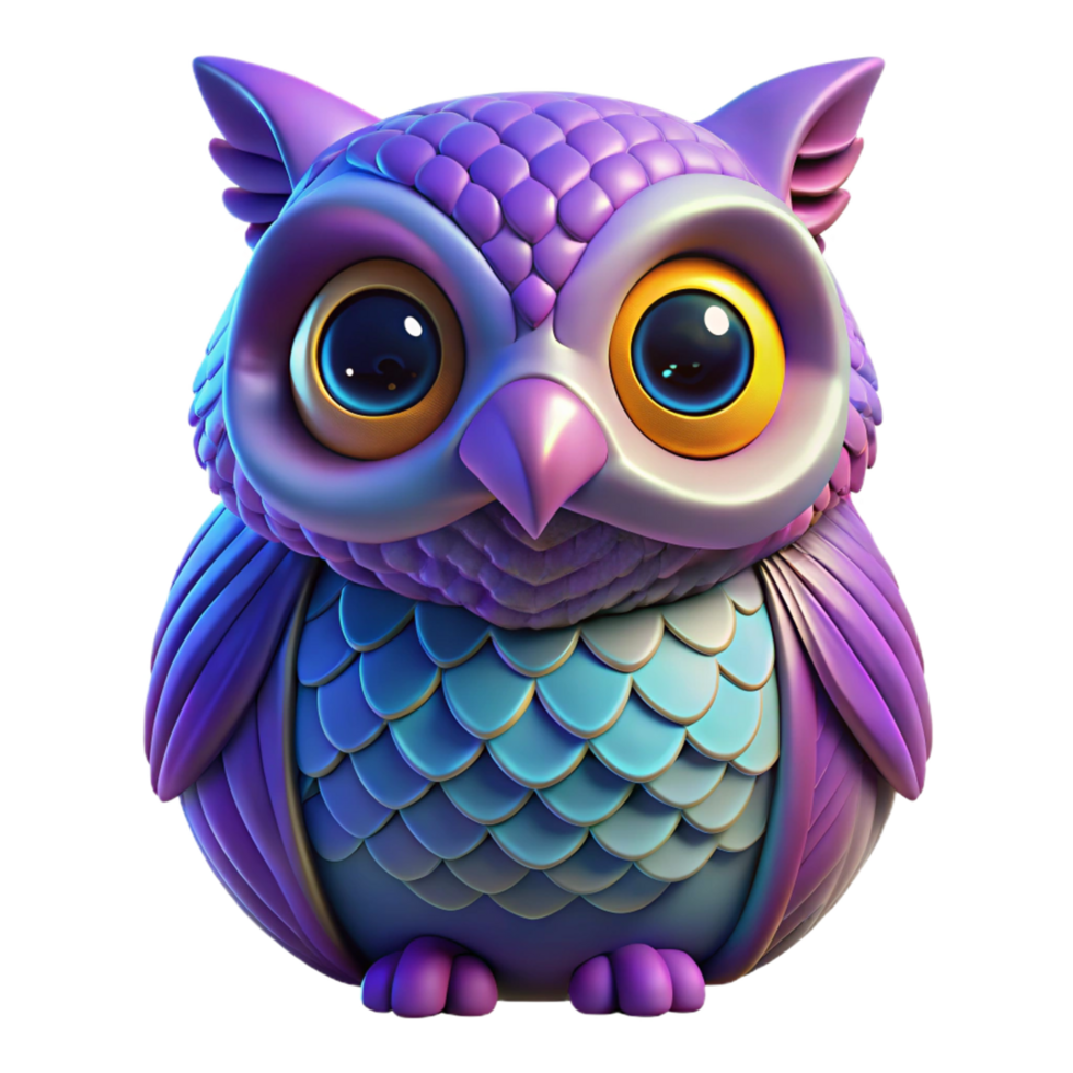 3D Render of a Cute Cartoon Owl with Bright Eyes and Scaled Feathers png