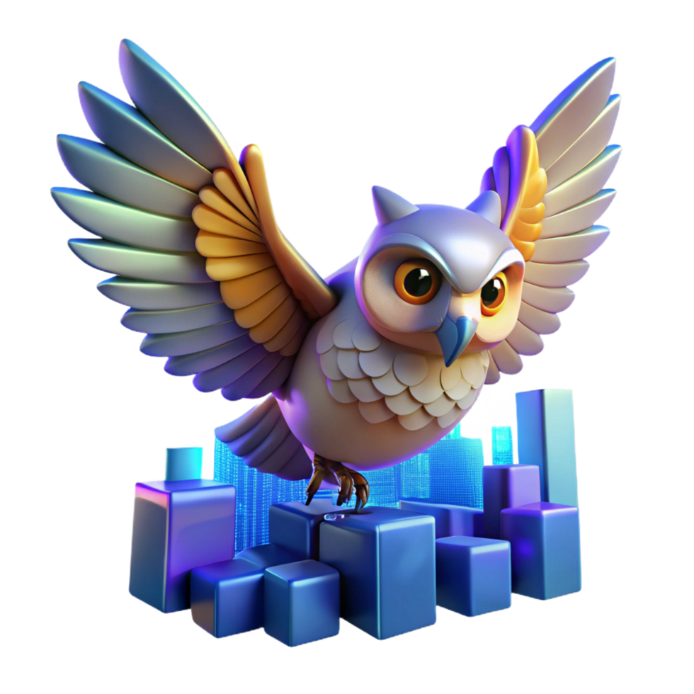 Wise Owl Soaring Above Data Cubes A 3D Render of Progress and Growth png