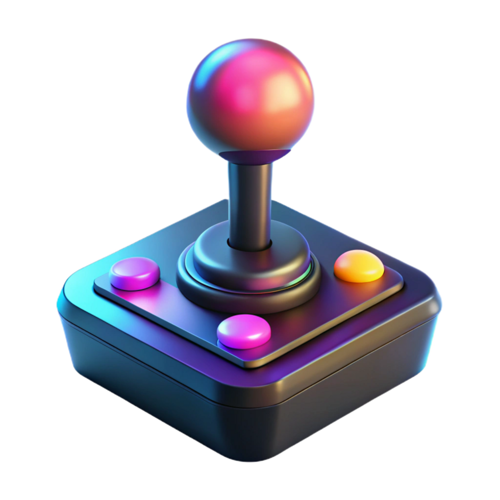 Retro Gaming Joystick 3D Render of Classic Controller with Vibrant Neon Lights png