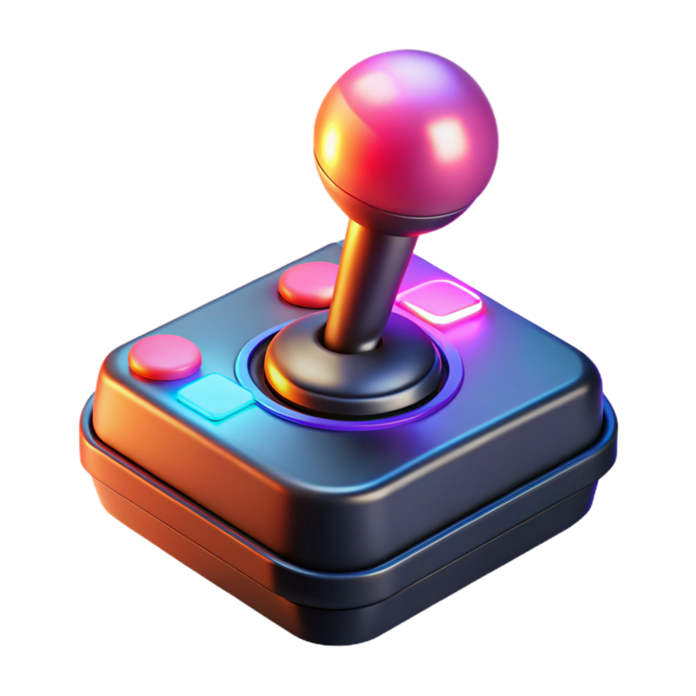 Retro Gaming Joystick Neon Lights, 3D Render, Classic Controller, Vintage Gamepad, Nostalgic Design, Digital Art, Gaming Accessory, 8 bit Aesthetic, Pixel Art Style, Arcade Game png