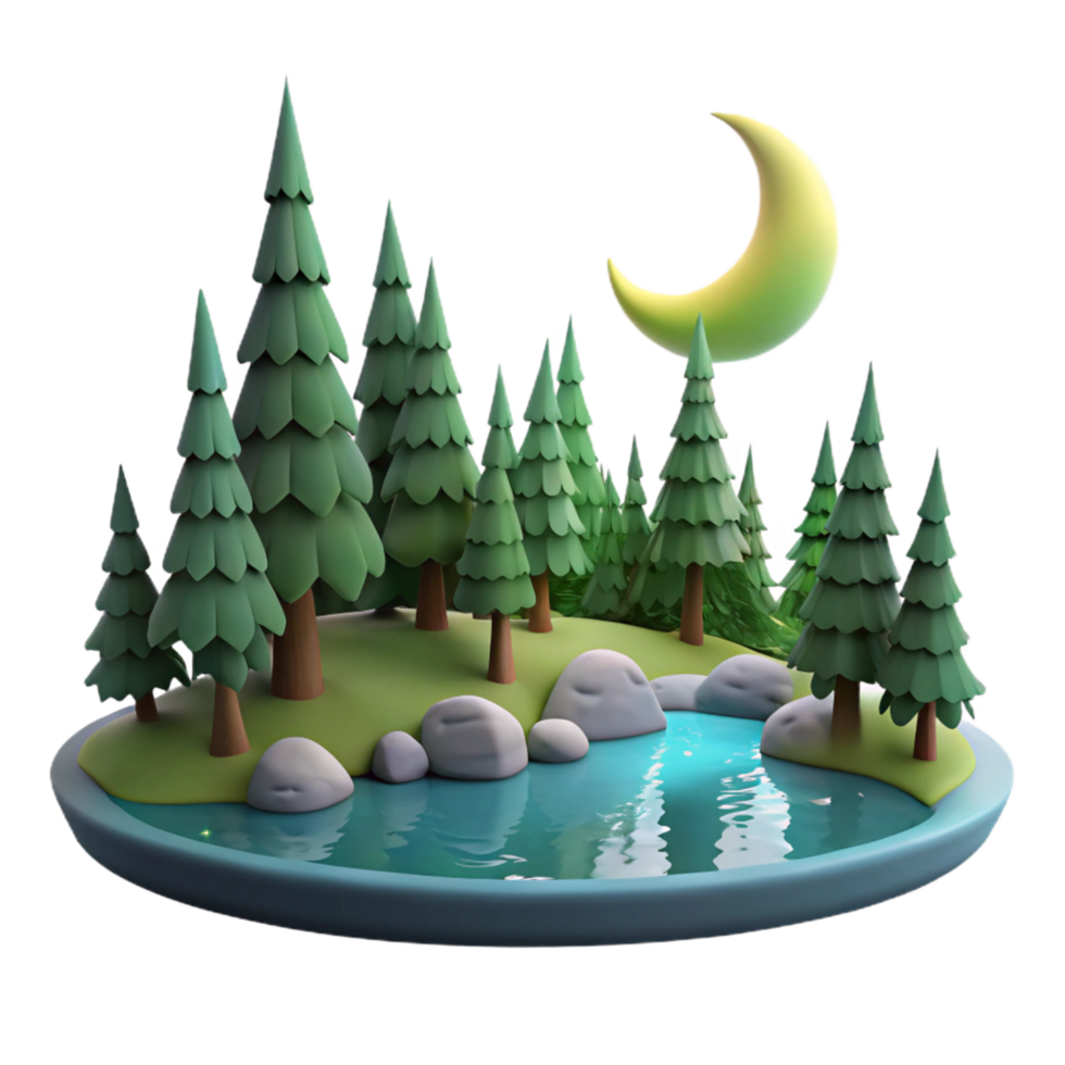 Nighttime Forest Scene Moonlit Pines, Serene Creek, and Rocks png