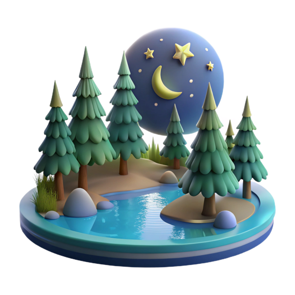 Nighttime Forest River Scene 3D Render of Moonlit Pines and Tranquil Water png