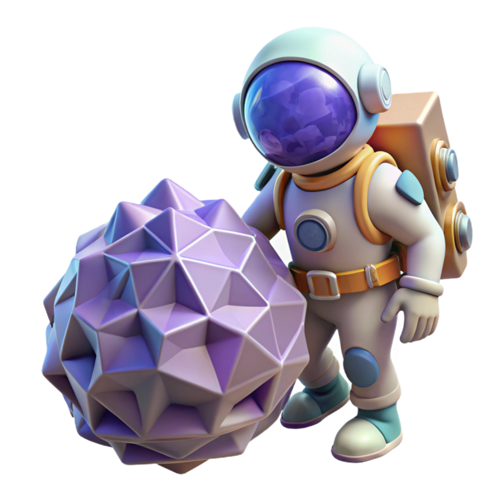 Astronaut with Geometric Space Rock 3D Render png
