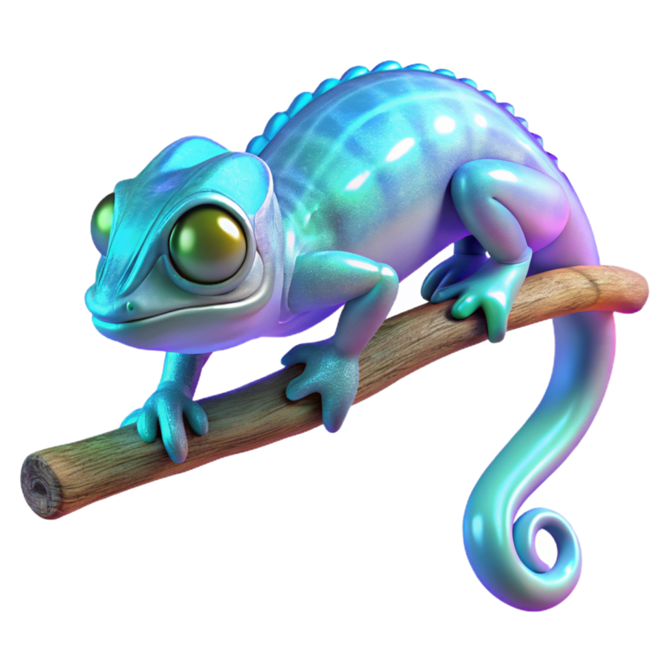 Vibrant Chameleon on Branch 3D Render of Iridescent Reptile png