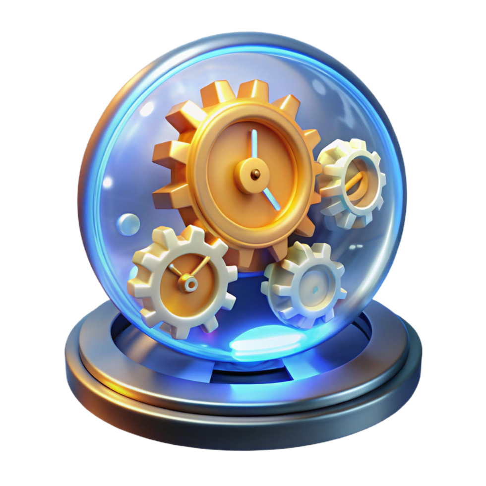 Interlocking Gears Clock Mechanism in Glass Dome 3D Render png