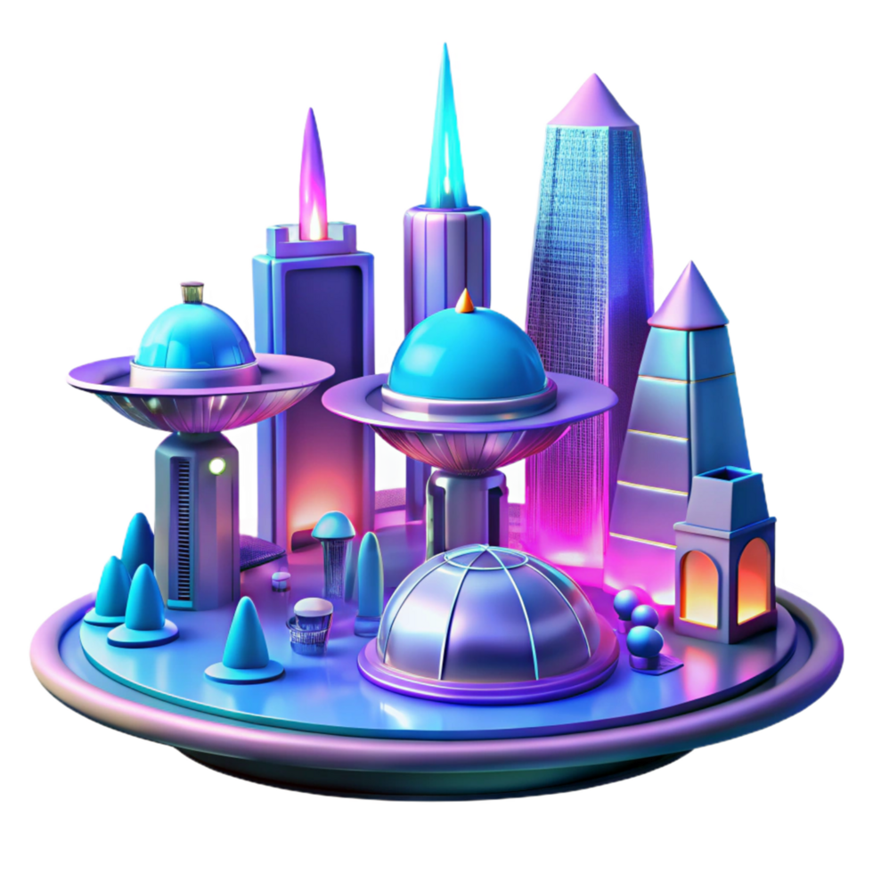 Futuristic Cityscape Neon Lights, Geometric Buildings, and a Vibrant Skyline png