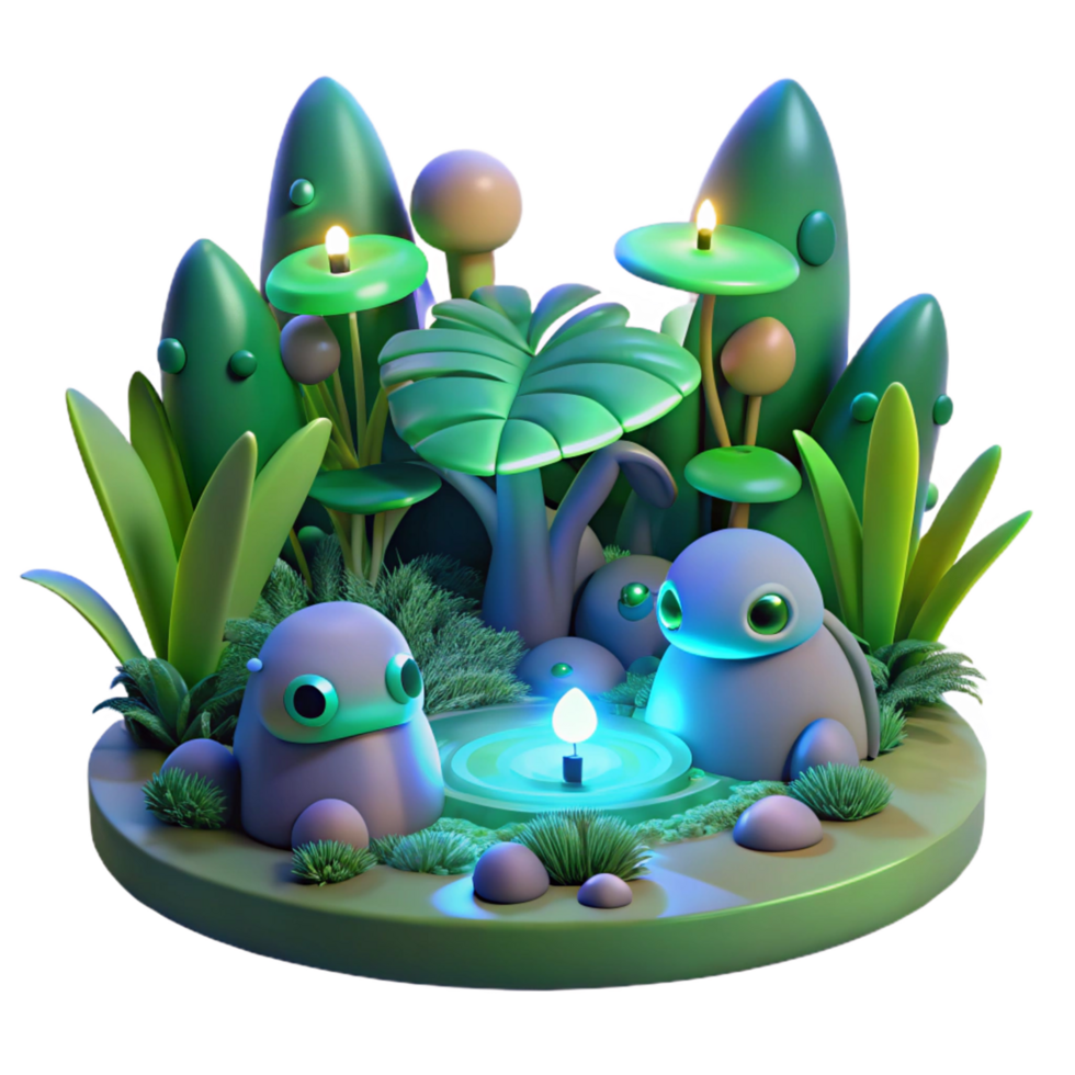 Enchanted Forest 3D Render of Fantasy Creatures and Glowing Flora png