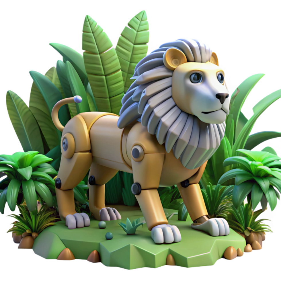 3D Render of a Robotic Lion in a Lush Jungle Setting png