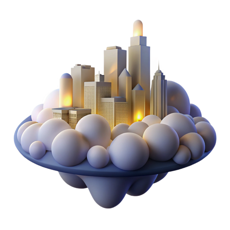 Cityscape on Clouds A 3D Render of an Urban Center Floating in the Sky png